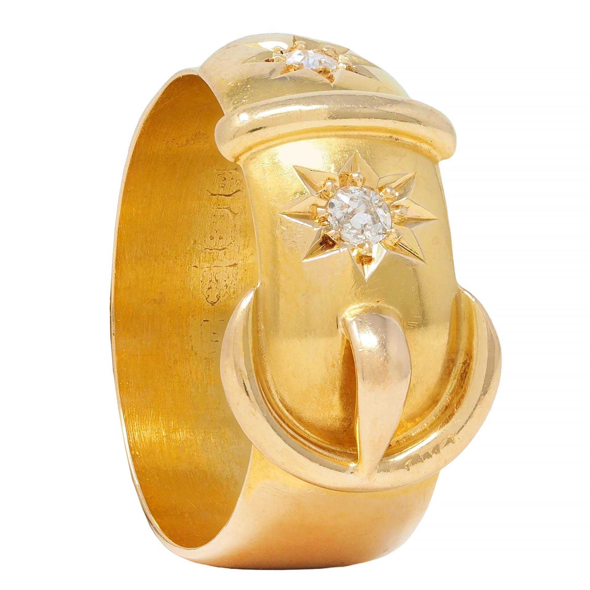 Late Victorian Old Mine Diamond 18 Karat Yellow Gold Antique Buckle Band Ring 3