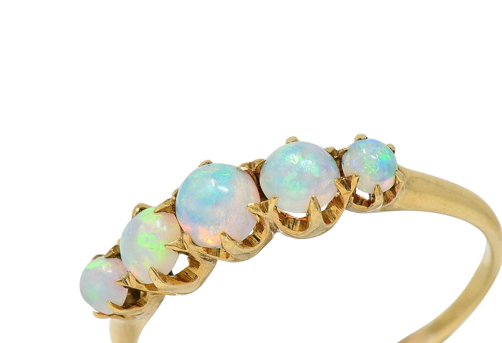 Late Victorian Opal 14 Karat Yellow Gold Antique Five Stone Band Ring For Sale 1