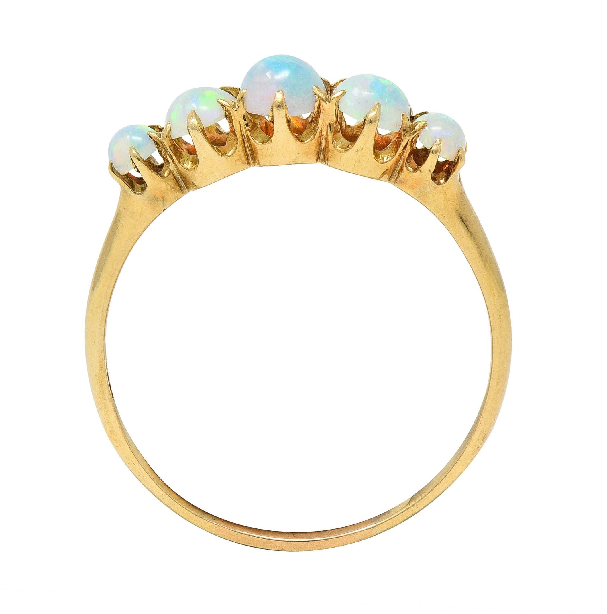 Late Victorian Opal 14 Karat Yellow Gold Antique Five Stone Band Ring For Sale 2