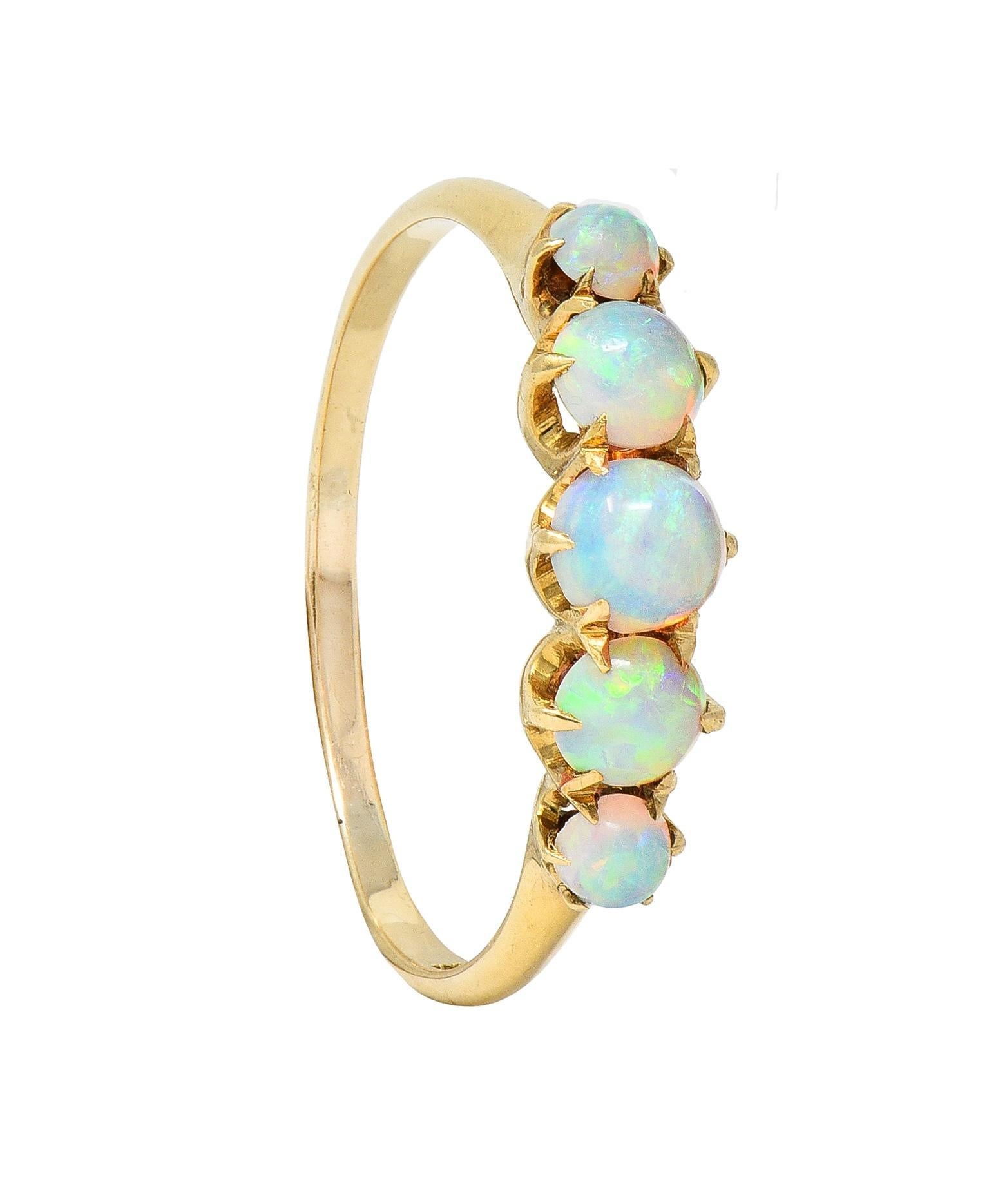 Late Victorian Opal 14 Karat Yellow Gold Antique Five Stone Band Ring For Sale 4