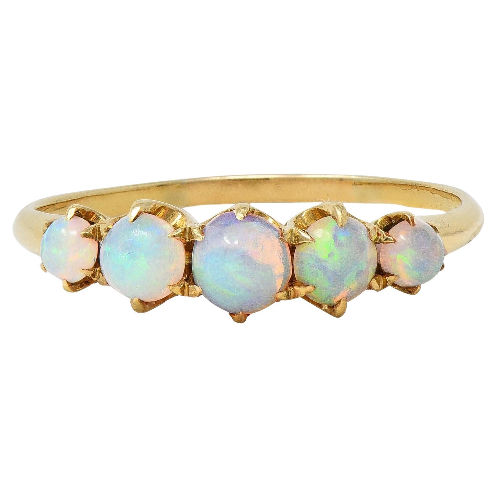 Late Victorian Opal 14 Karat Yellow Gold Antique Five Stone Band Ring For Sale
