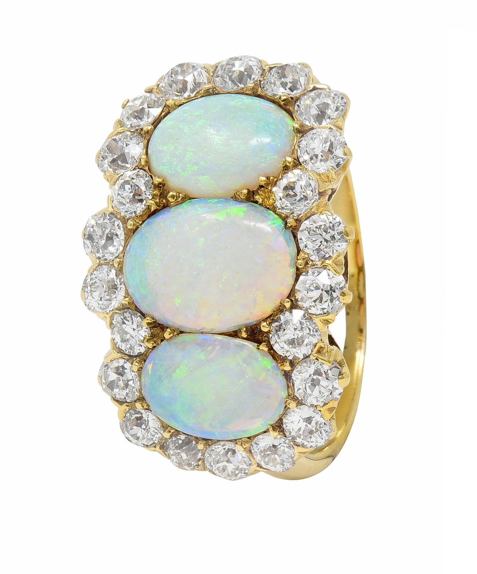 Late Victorian Opal 1.76 CTW Diamond 18 Karat Yellow Gold Antique Halo Ring For Sale 5