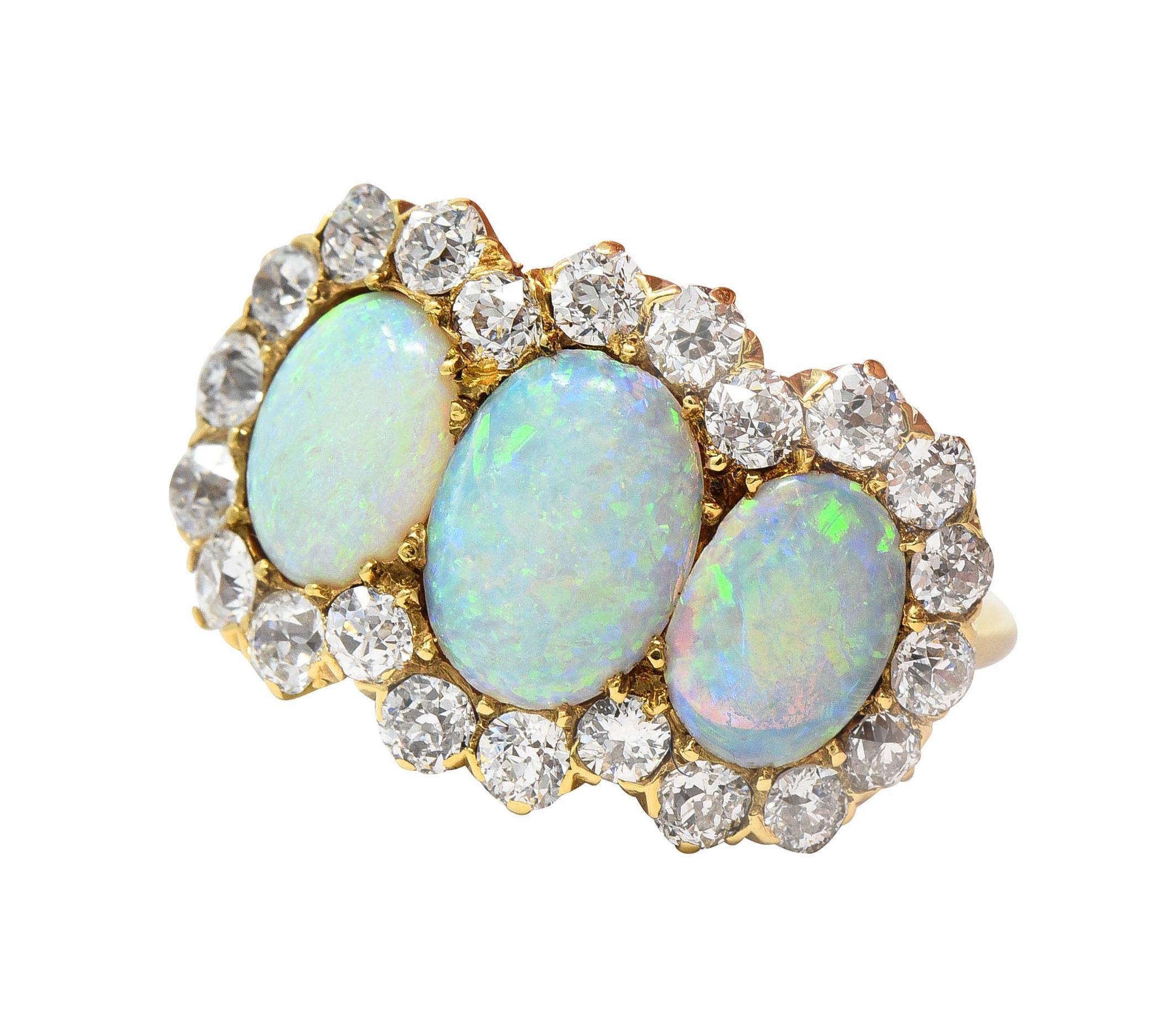 Late Victorian Opal 1.76 CTW Diamond 18 Karat Yellow Gold Antique Halo Ring For Sale 6