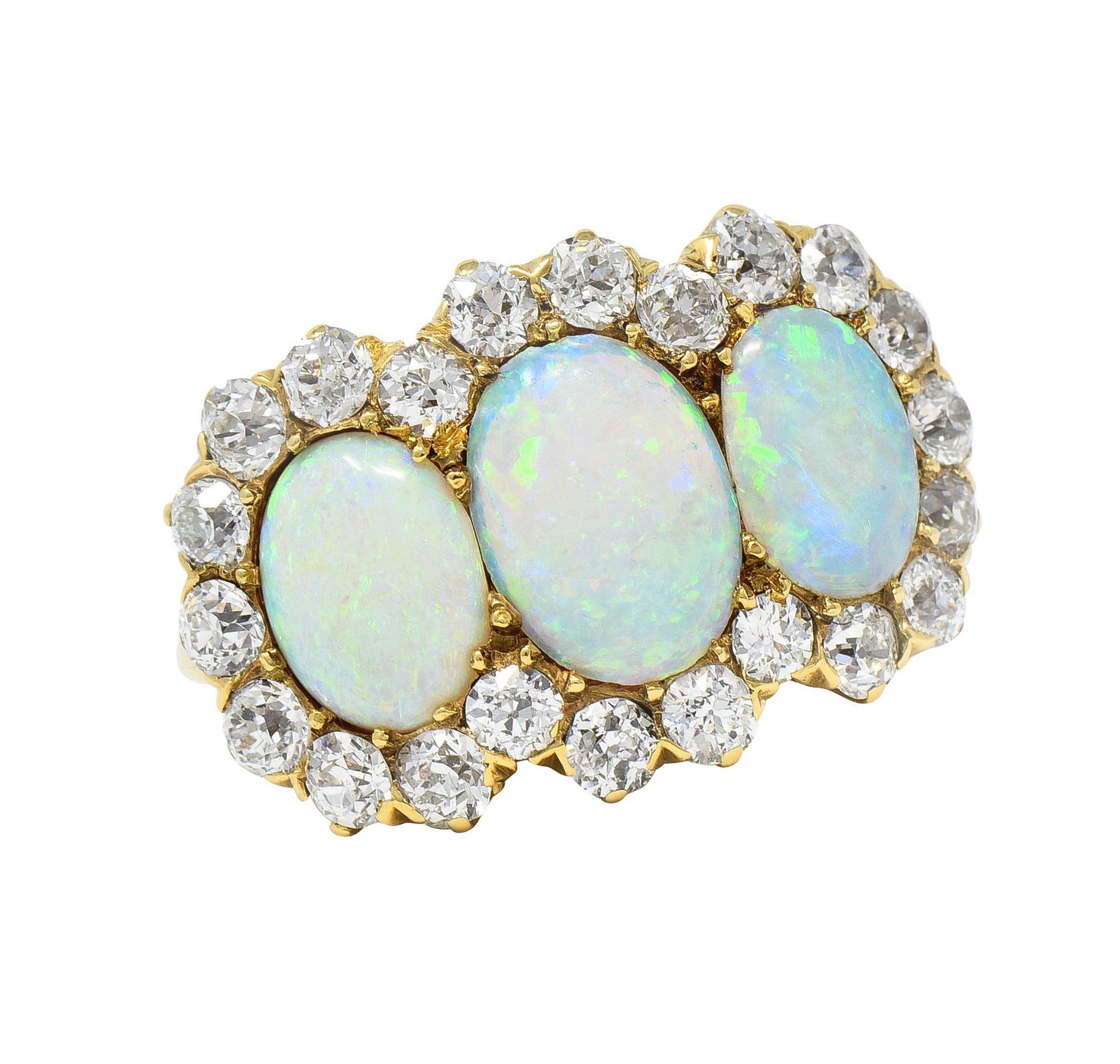 Late Victorian Opal 1.76 CTW Diamond 18 Karat Yellow Gold Antique Halo Ring For Sale 8