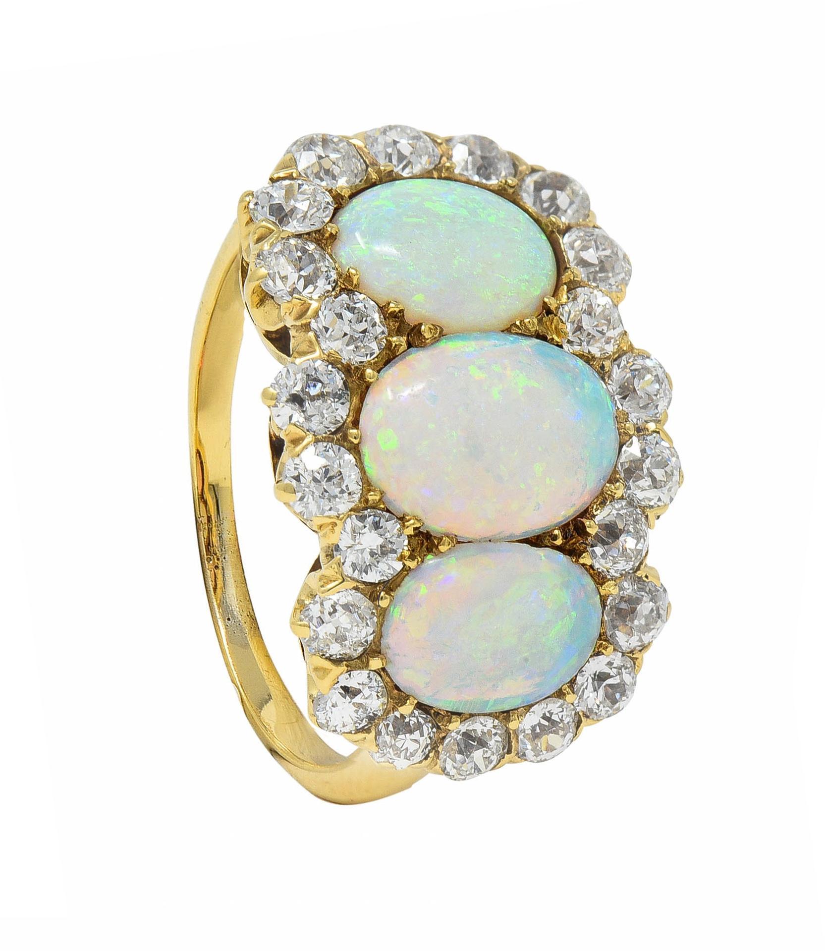 Late Victorian Opal 1.76 CTW Diamond 18 Karat Yellow Gold Antique Halo Ring For Sale 9