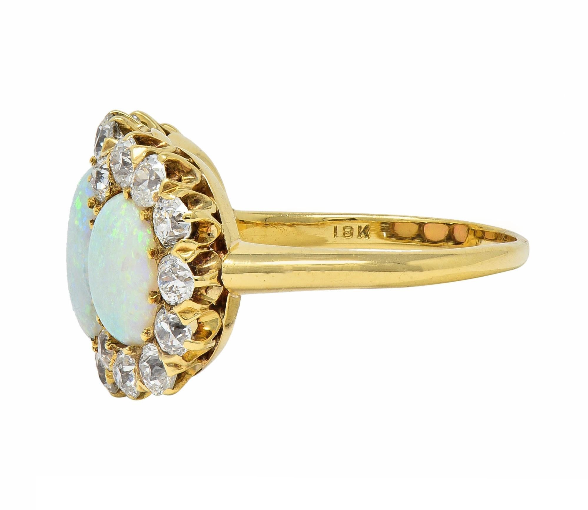 Late Victorian Opal 1.76 CTW Diamond 18 Karat Yellow Gold Antique Halo Ring For Sale 1