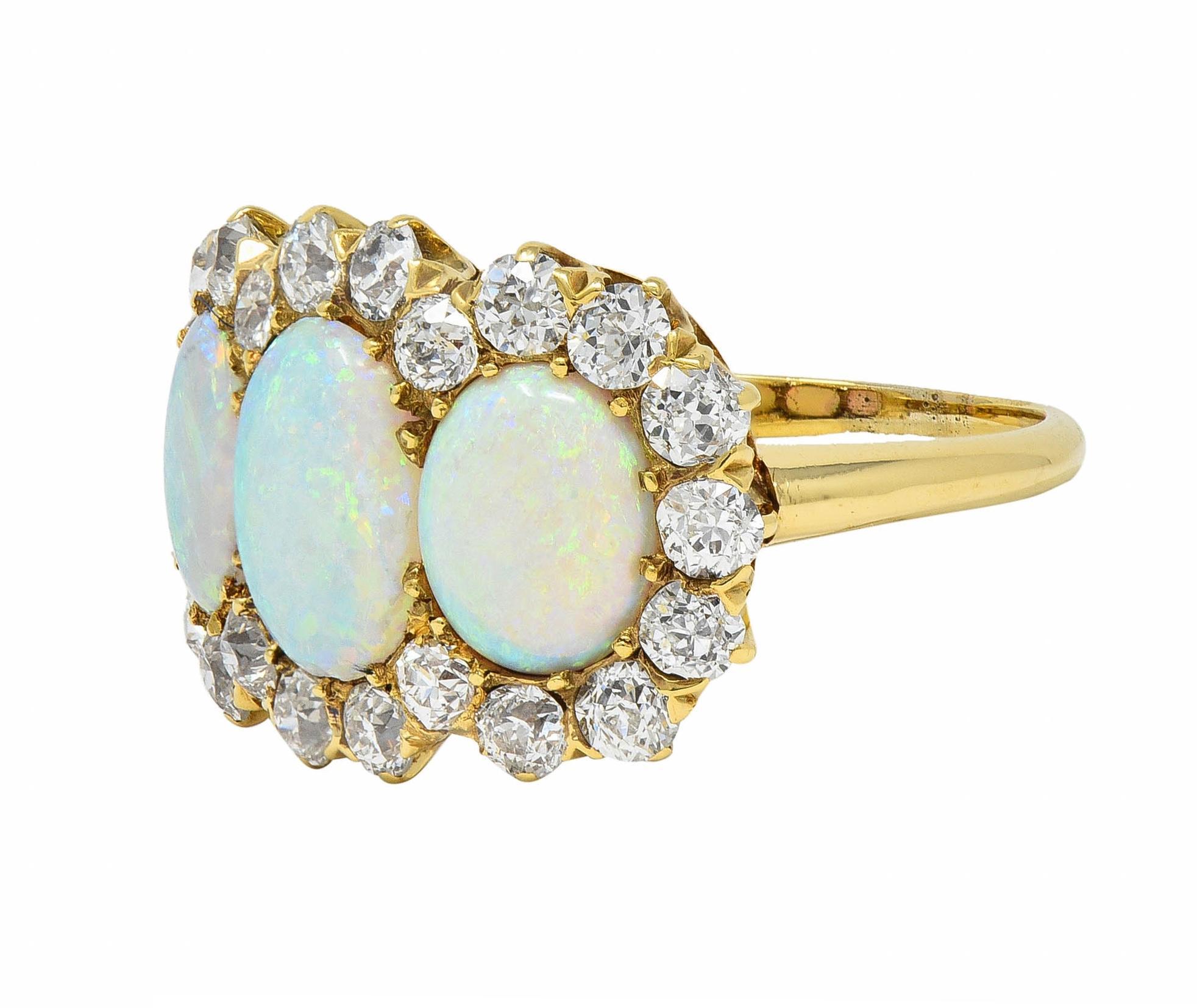 Late Victorian Opal 1.76 CTW Diamond 18 Karat Yellow Gold Antique Halo Ring For Sale 2