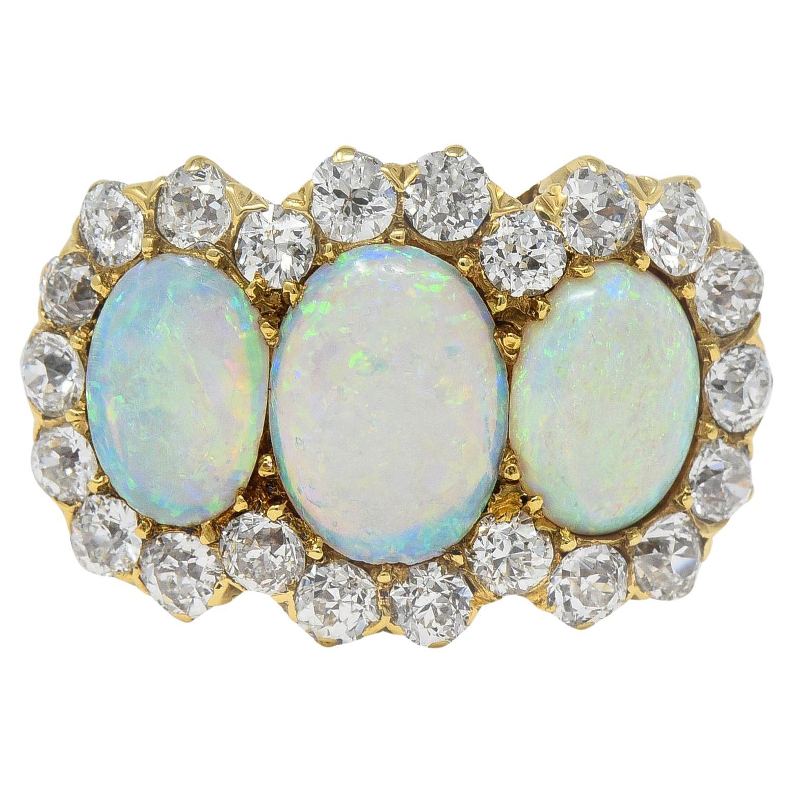 Late Victorian Opal 1.76 CTW Diamond 18 Karat Yellow Gold Antique Halo Ring For Sale