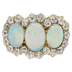 Late Victorian Opal 1.76 CTW Diamond 18 Karat Yellow Gold Vintage Halo Ring