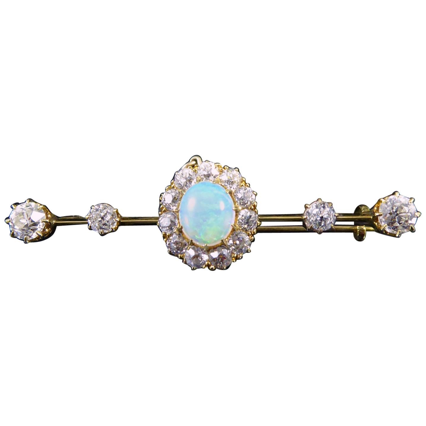 Late Victorian Opal and Diamond Bar Brooch, Tests as 18 Carat Yellow Gold