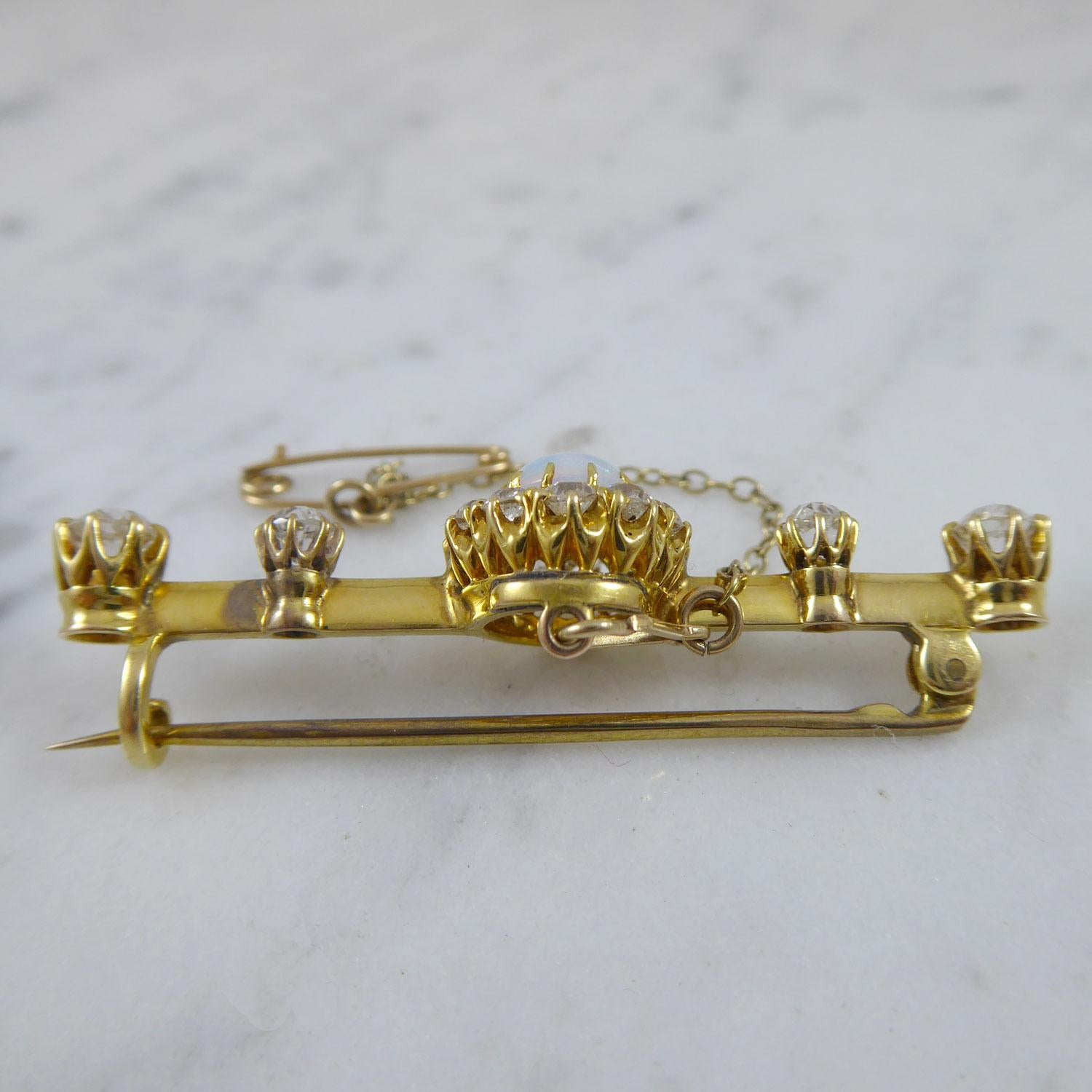 Late Victorian Opal and Diamond Bar Brooch, Tests as 18 Carat Yellow Gold In Good Condition In Yorkshire, West Yorkshire
