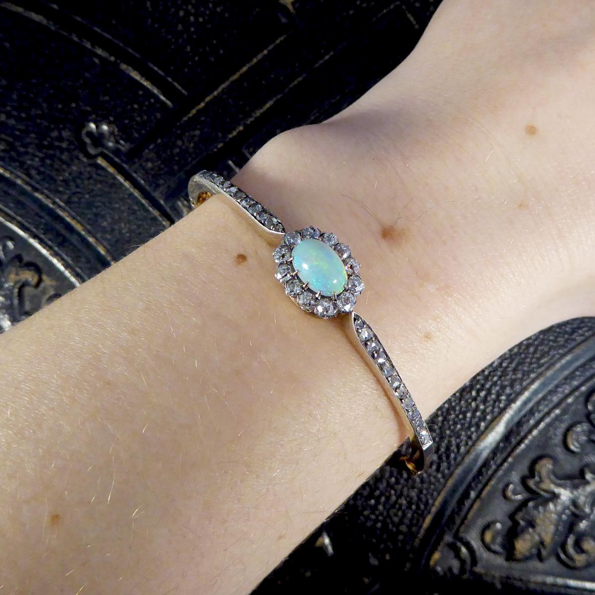 Late Victorian Opal and Diamond Cluster Bangle in 14ct Yellow Gold and Silver 5