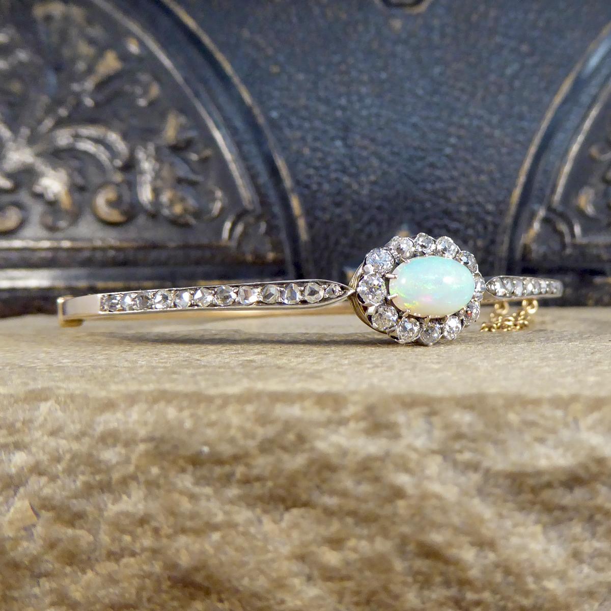 Old European Cut Late Victorian Opal and Diamond Cluster Bangle in 14ct Yellow Gold and Silver