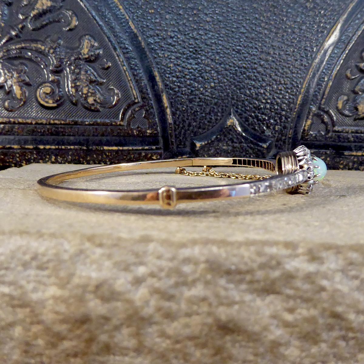 Late Victorian Opal and Diamond Cluster Bangle in 14ct Yellow Gold and Silver In Good Condition In Yorkshire, West Yorkshire