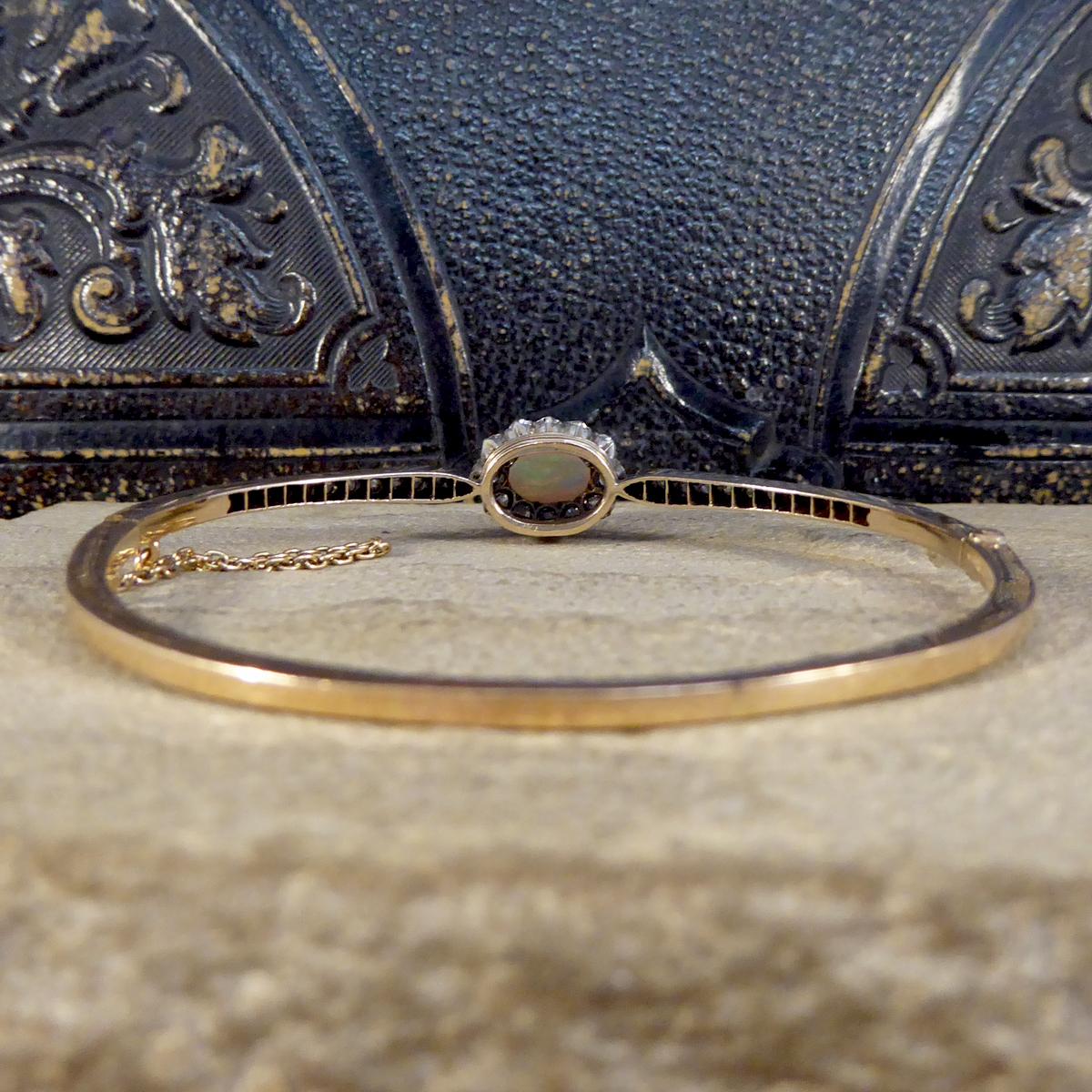 Women's or Men's Late Victorian Opal and Diamond Cluster Bangle in 14ct Yellow Gold and Silver