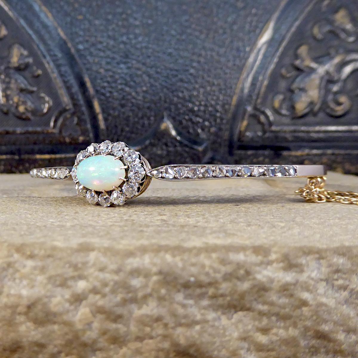 Late Victorian Opal and Diamond Cluster Bangle in 14ct Yellow Gold and Silver 1