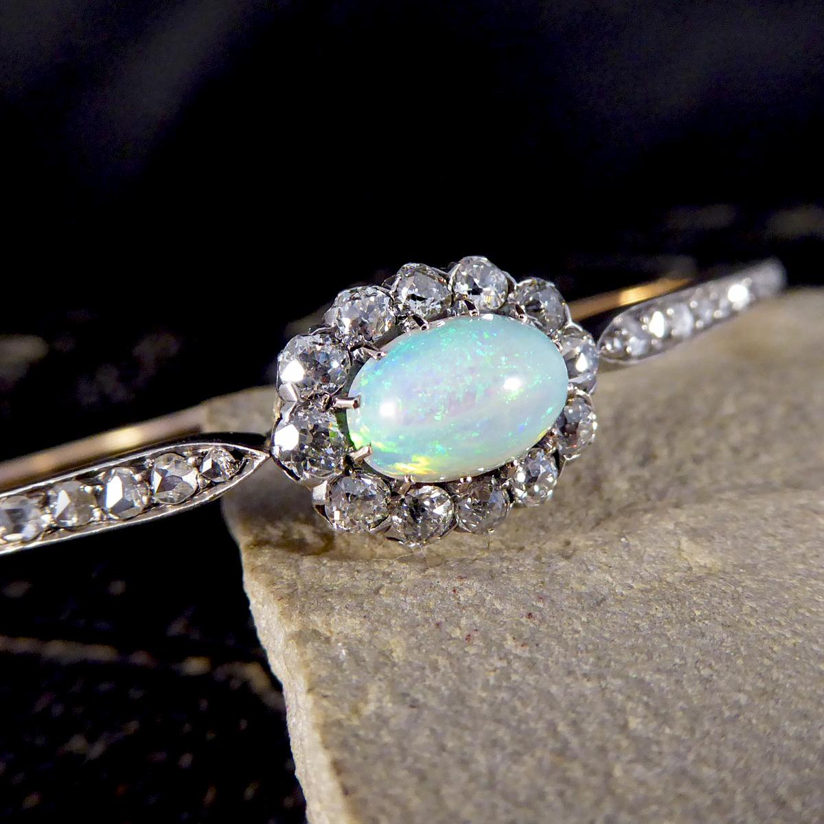 Late Victorian Opal and Diamond Cluster Bangle in 14ct Yellow Gold and Silver 2