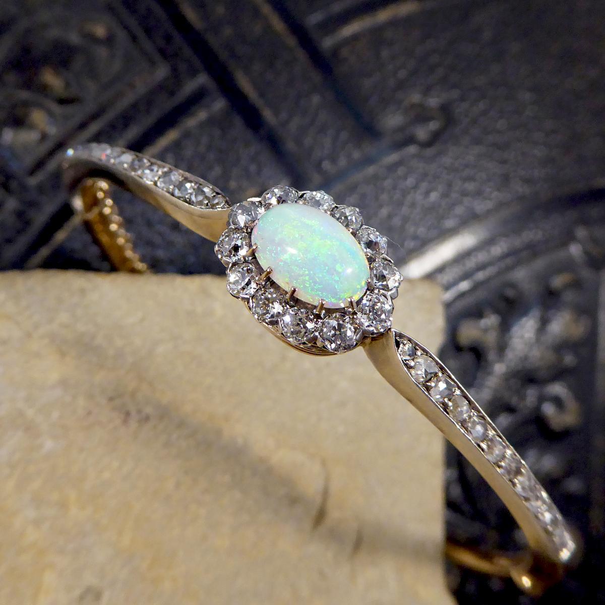 Late Victorian Opal and Diamond Cluster Bangle in 14ct Yellow Gold and Silver 4