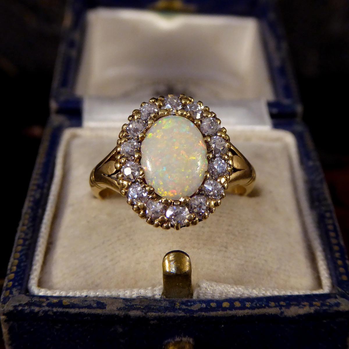 Late Victorian Opal and Diamond Cluster in 18ct Yellow Gold 4