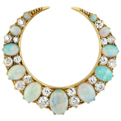 Antique Late Victorian Opal and Diamond Crescent Brooch