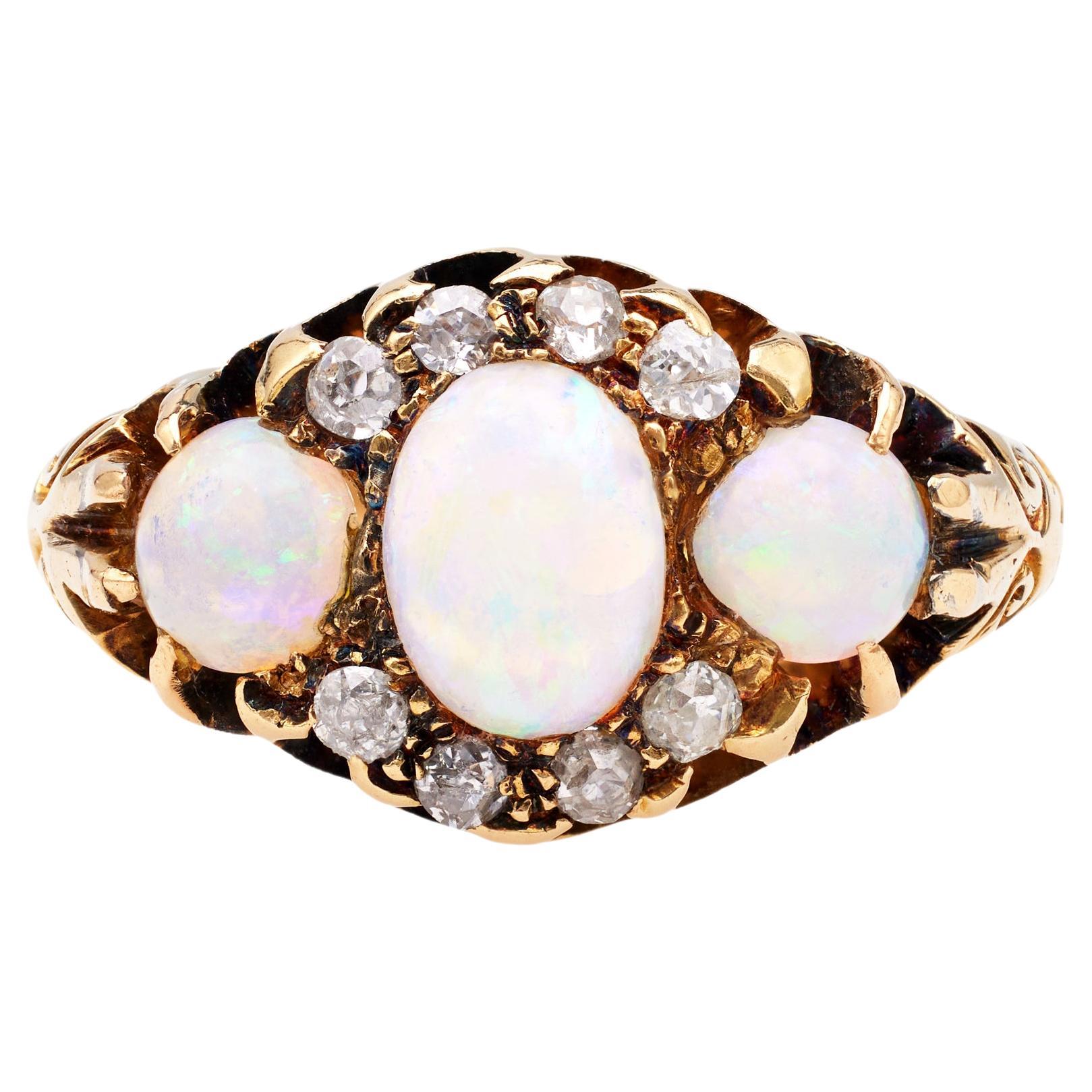 Spätviktorianischer Opal-Diamant-Ring aus 14k Gelbgold