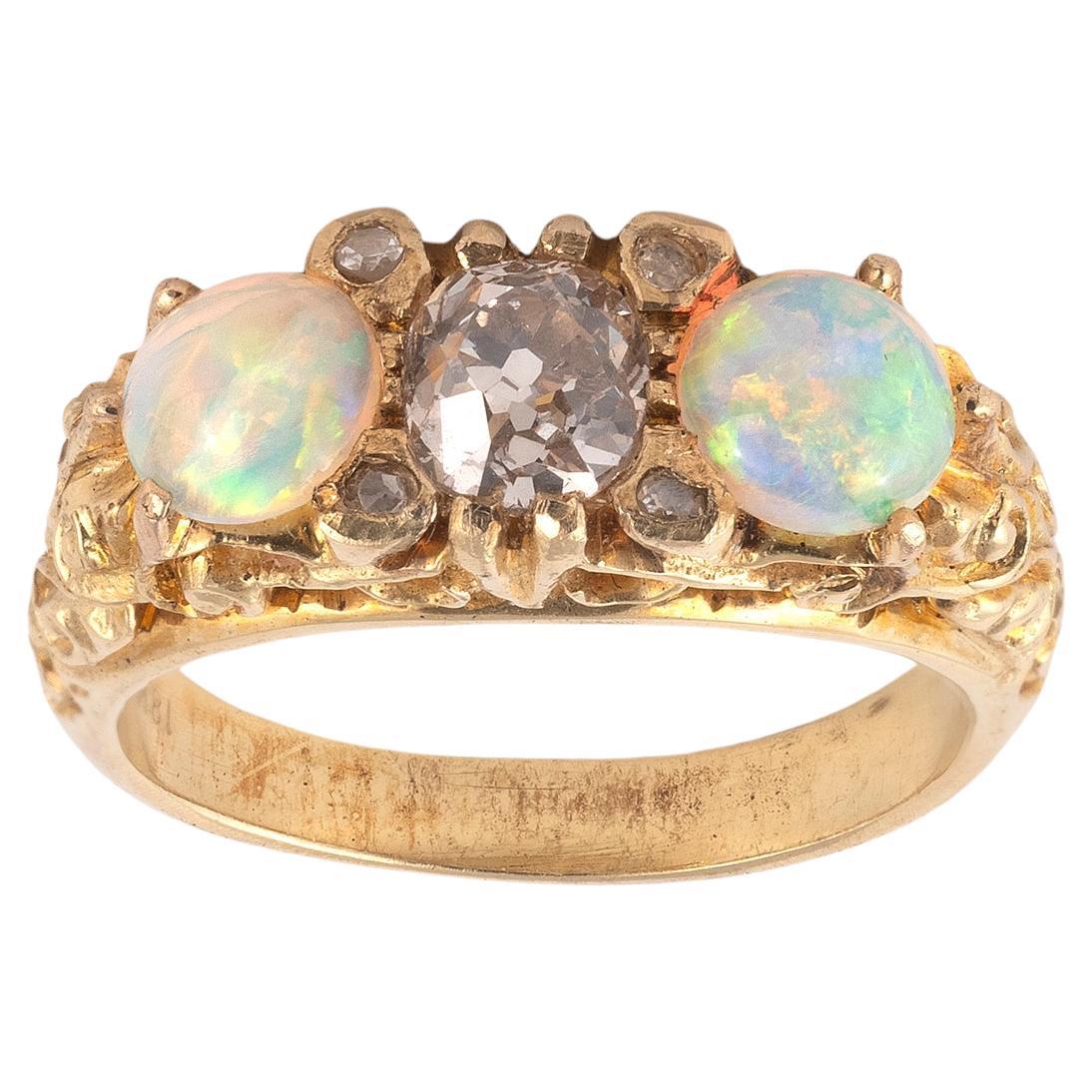Late Victorian Opal & Diamond Three-Stone Ring