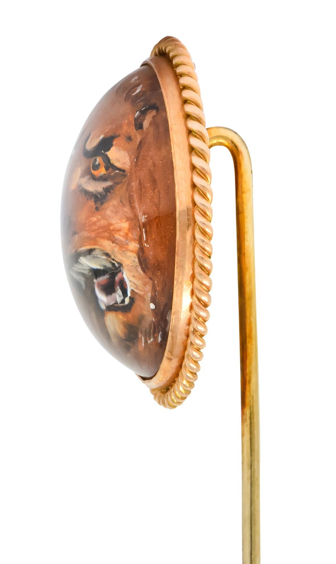 Round Cut Late Victorian Painted Reverse Carved Rock Crystal 14 Karat Gold Lion Stickpin For Sale