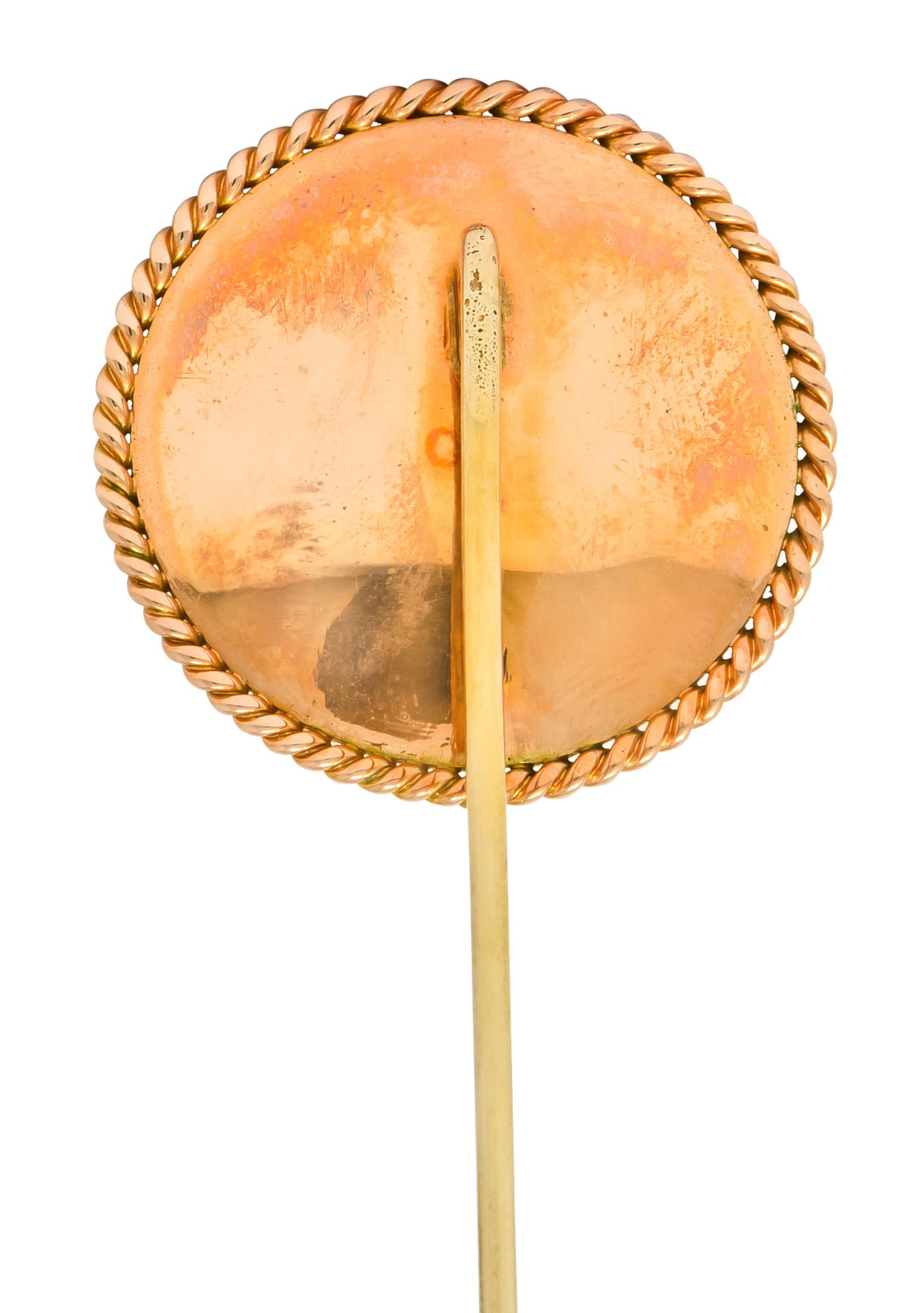 Late Victorian Painted Reverse Carved Rock Crystal 14 Karat Gold Lion Stickpin In Excellent Condition For Sale In Philadelphia, PA