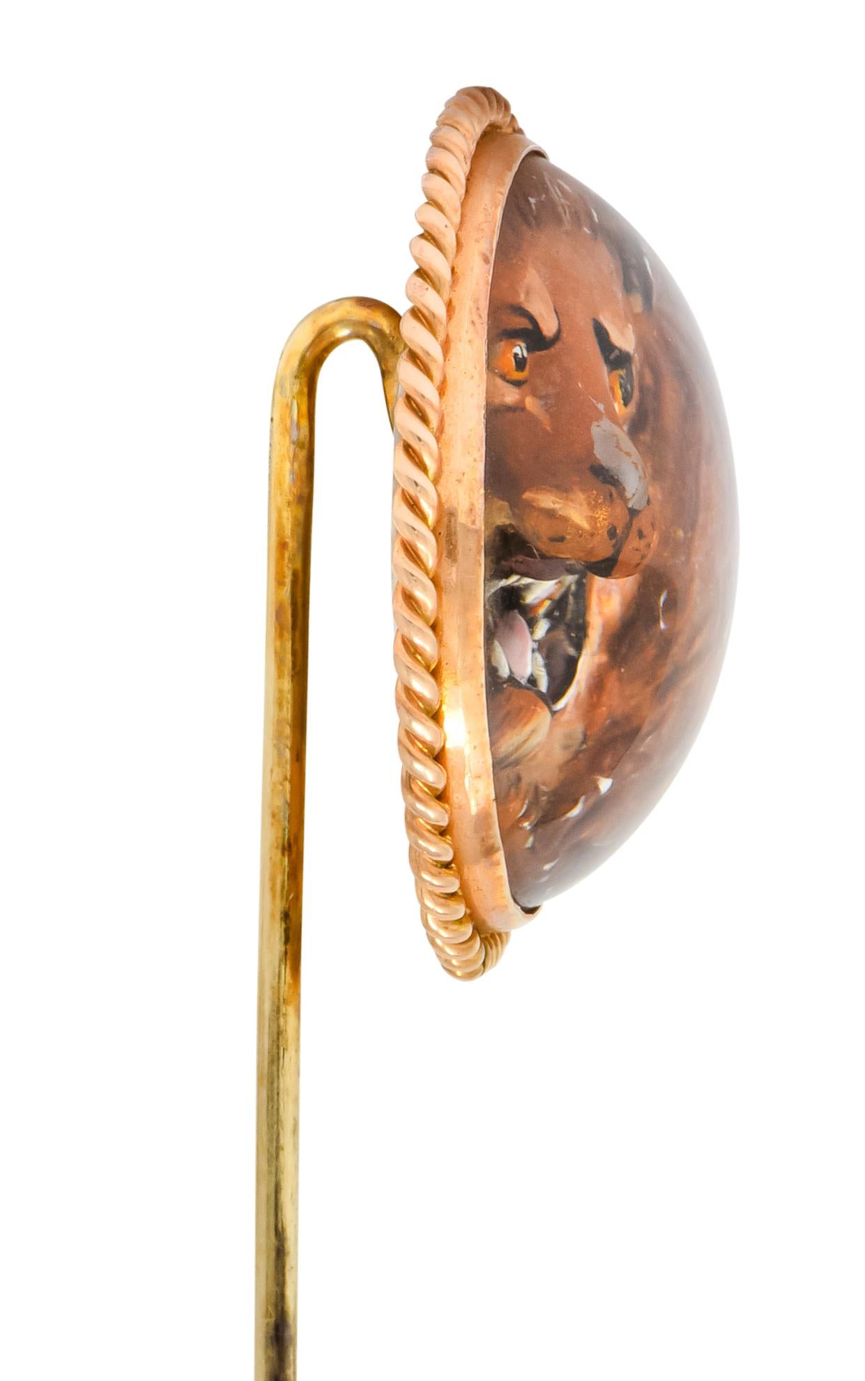 Women's or Men's Late Victorian Painted Reverse Carved Rock Crystal 14 Karat Gold Lion Stickpin For Sale