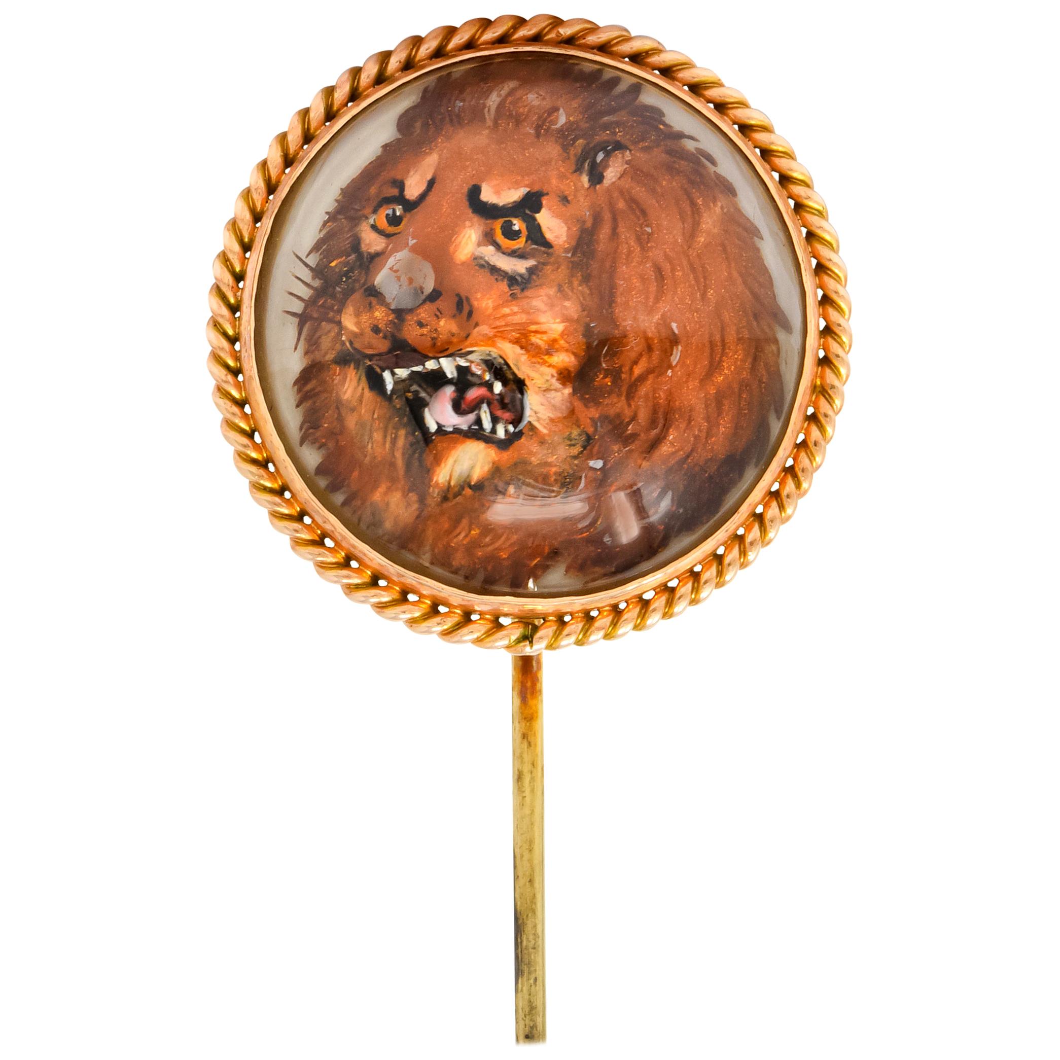 Late Victorian Painted Reverse Carved Rock Crystal 14 Karat Gold Lion Stickpin For Sale