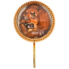 Late Victorian Painted Reverse Carved Rock Crystal 14 Karat Gold Lion Stickpin