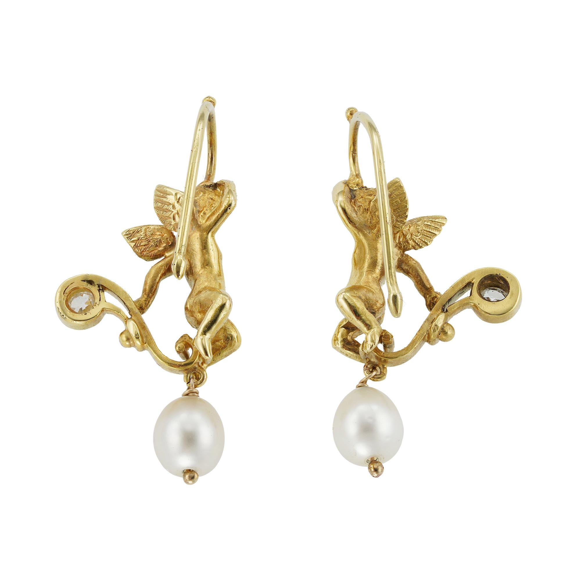 Old European Cut Late Victorian Pair of Natural Pearl and Diamond Earrings