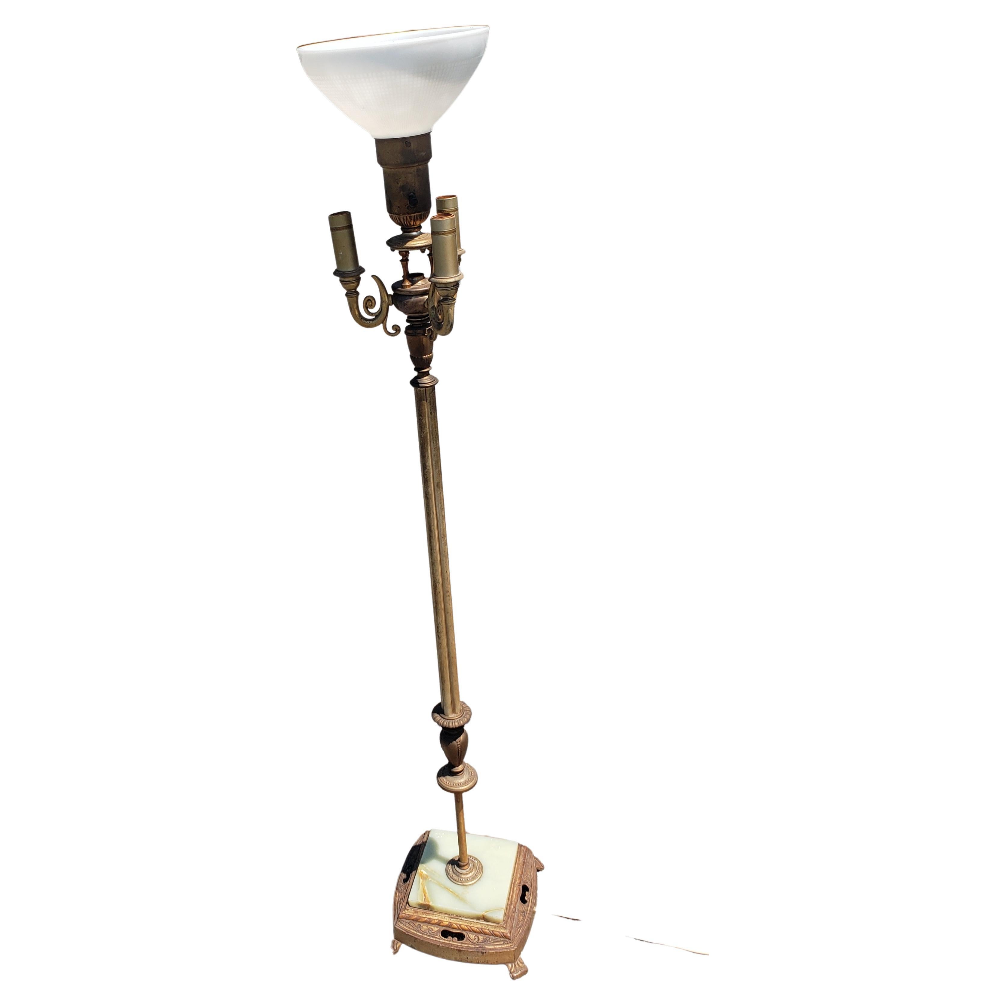 Late Victorian Patinated Metal and Onyx Torchiere 4-Light Floor Lamp In Good Condition For Sale In Germantown, MD