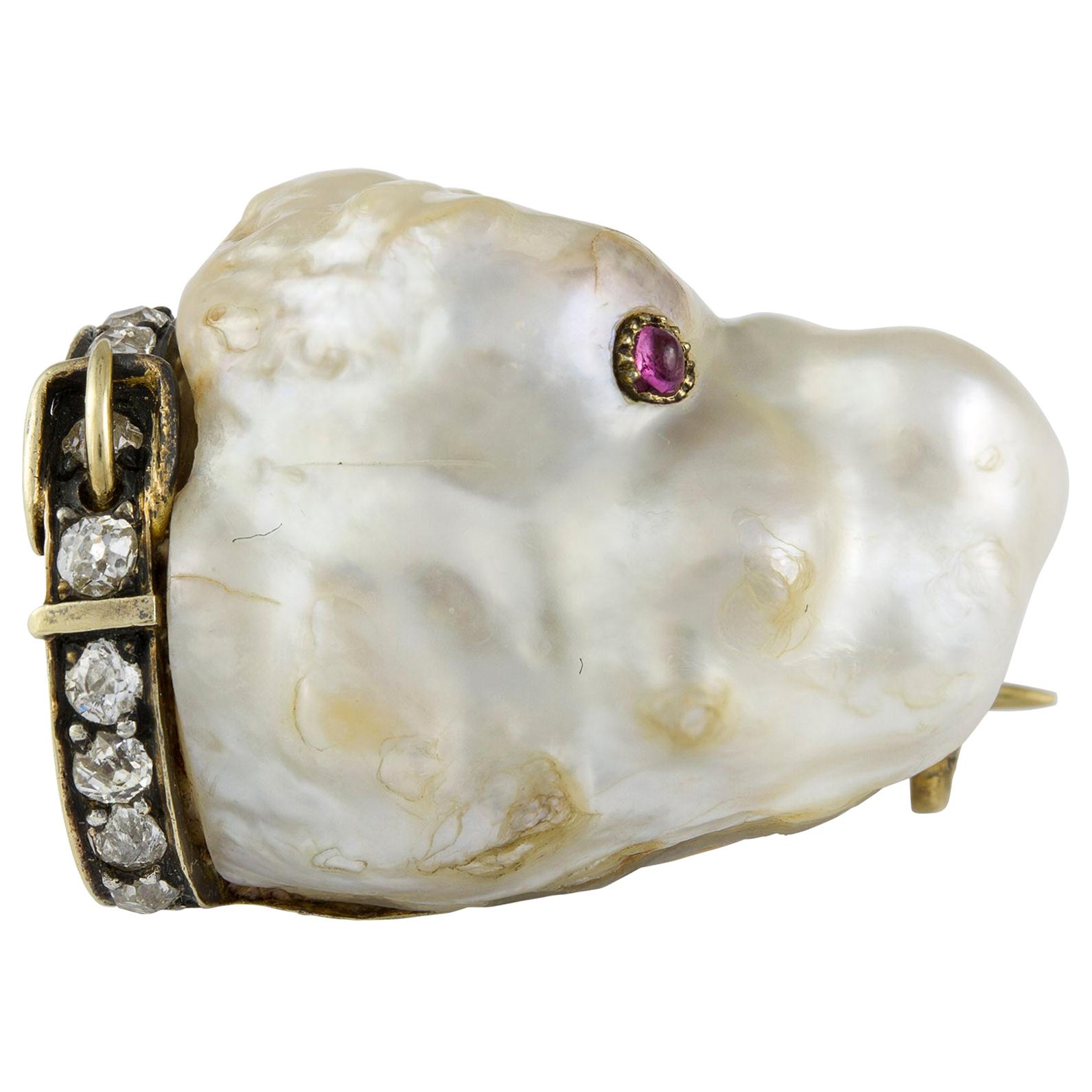 Spätviktorianische Hundebrosche mit Perlen, Edelsteinen und Diamanten