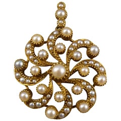 Late Victorian Pendant and Brooch with Seed Pearls in Yellow Gold