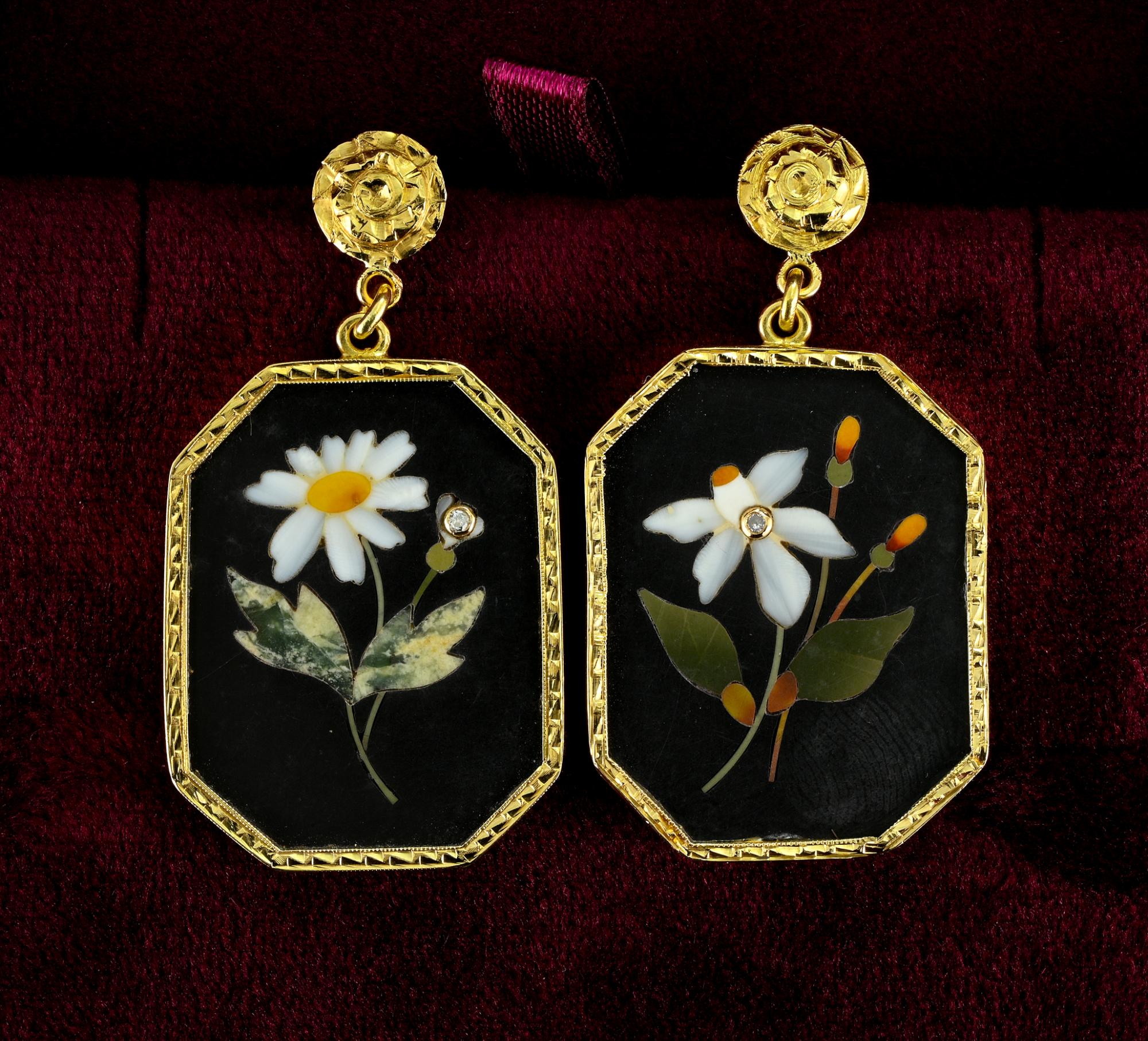 Pair of antique Florentine Pietra Dura earrings from the late Victorian period
Originated in Florence where the Pietra Dura Mosaic was specially curated under 'I Medici' giving life to a true fabric of wonders for any sort of decorative art