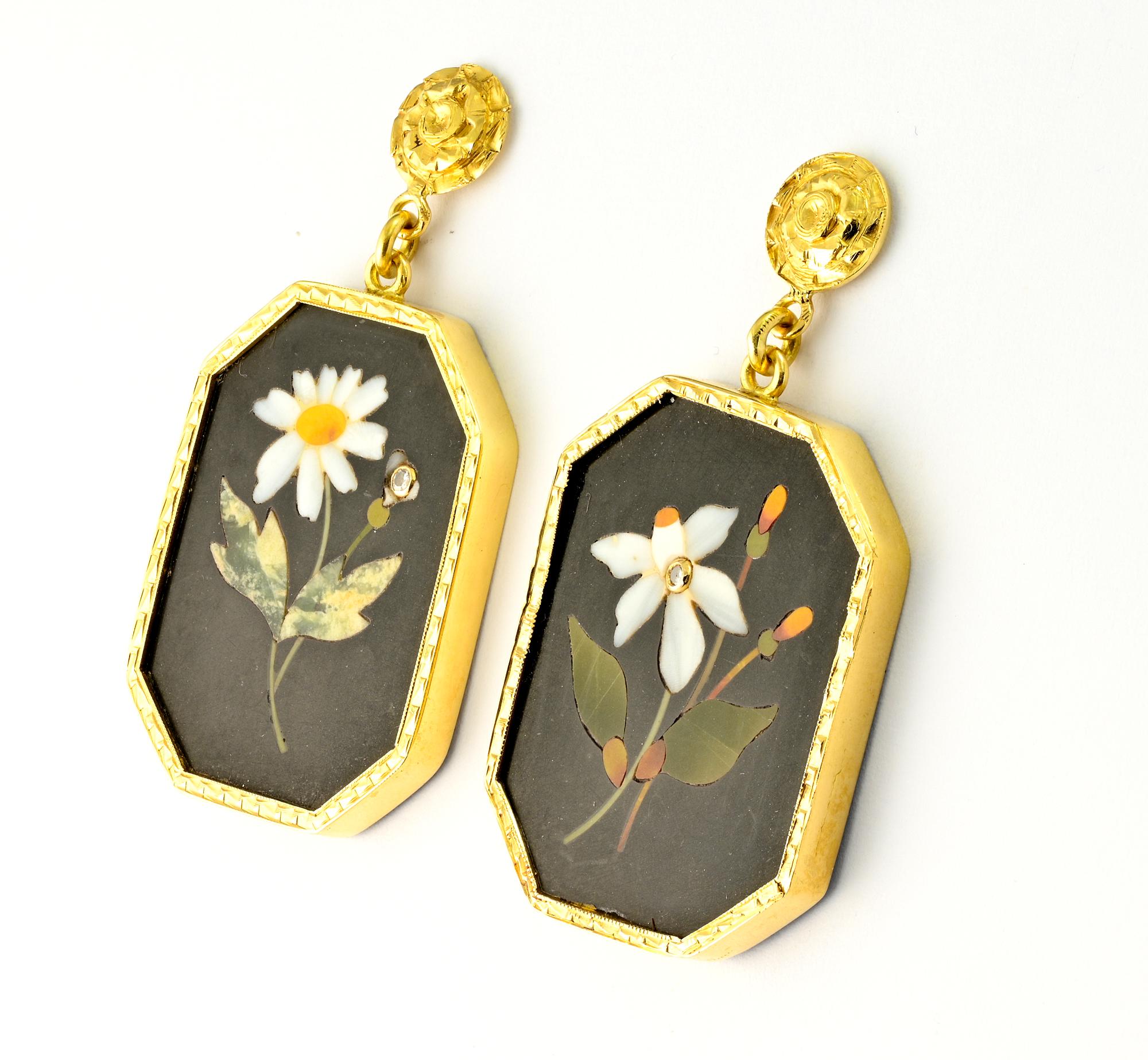 Late Victorian Pietra Dura Flower 18 KT Earrings 1900 ca For Sale 1