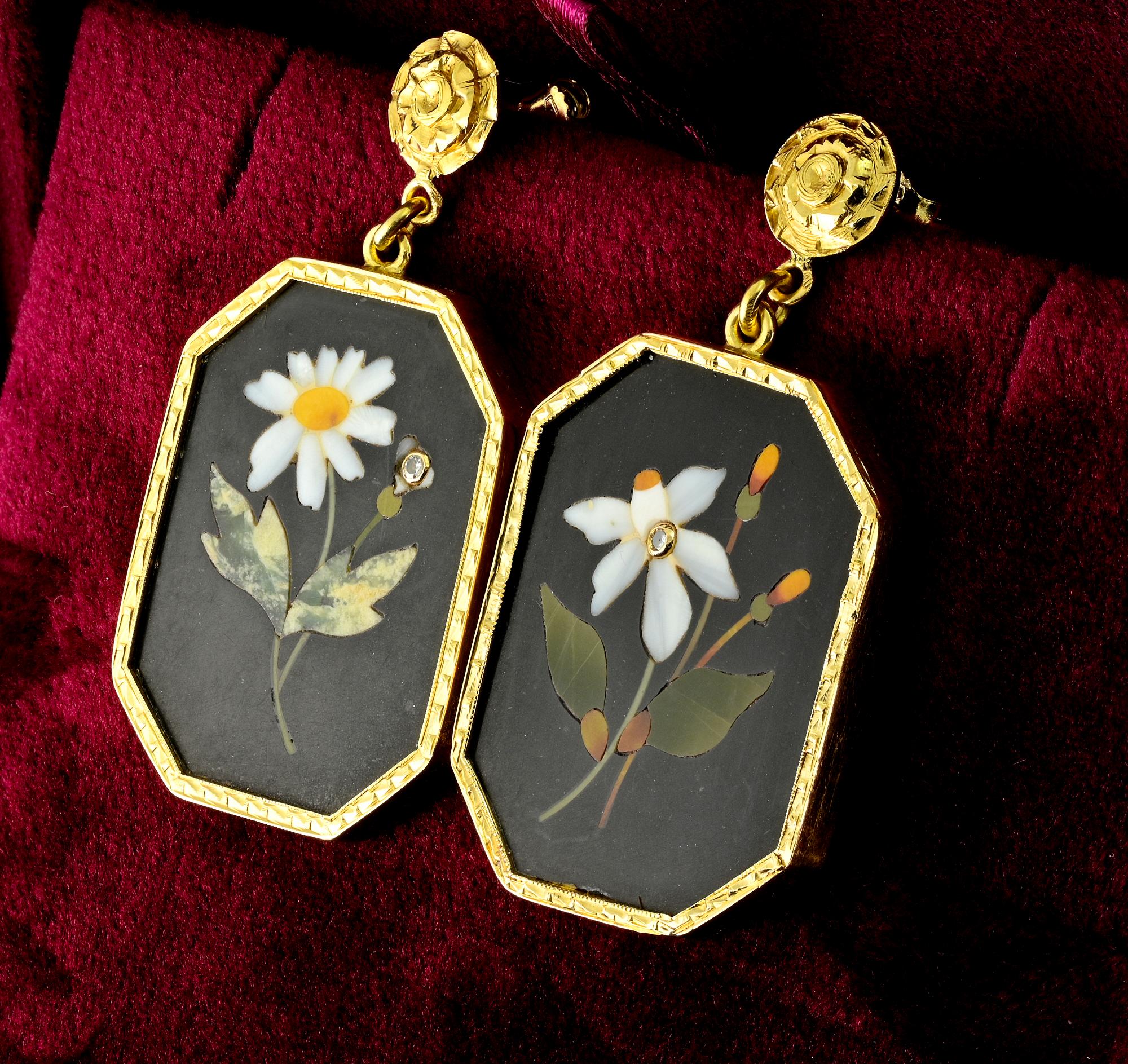 Late Victorian Pietra Dura Flower 18 KT Earrings 1900 ca For Sale 2