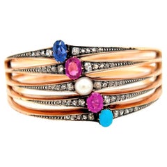 Bracelet fin de l'époque victorienne en or rose saphir bleu turquoise perle diamant en or rose 18K