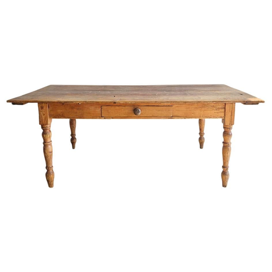 Late Victorian Polished Pine Farmhouse Dining Table with Single Drawer