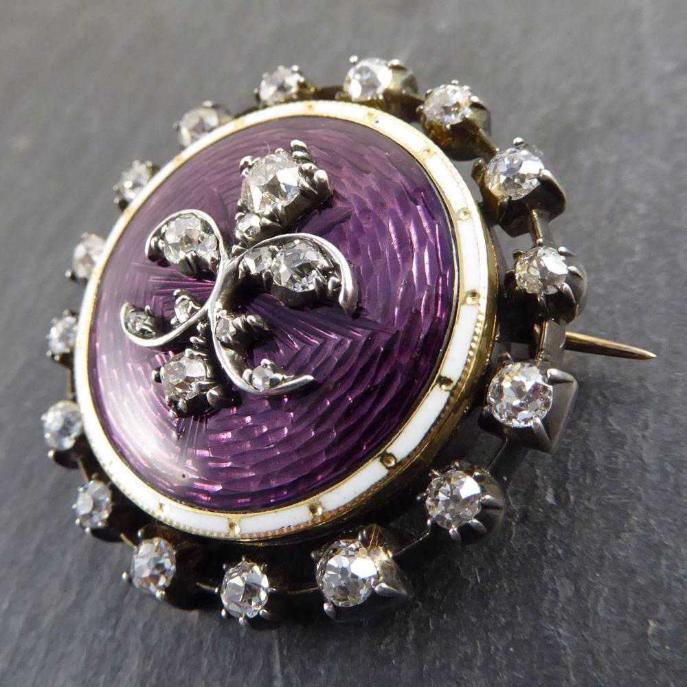 Late Victorian Purple Guilloche Enamel and Diamond Mourning Locket Brooch 6