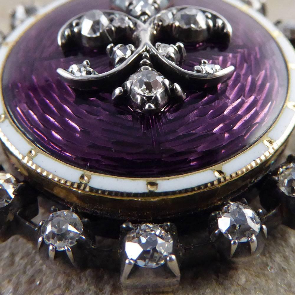 Late Victorian Purple Guilloche Enamel and Diamond Mourning Locket Brooch 2