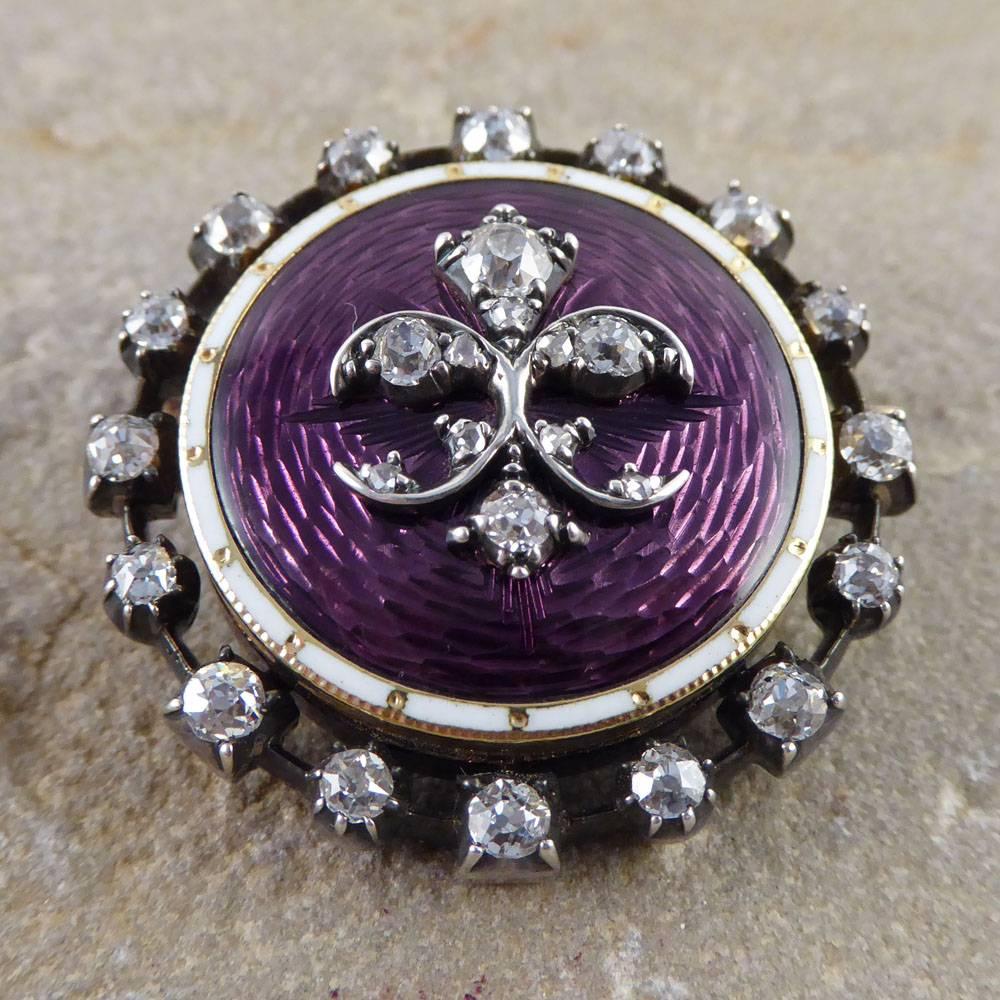 Late Victorian Purple Guilloche Enamel and Diamond Mourning Locket Brooch 5