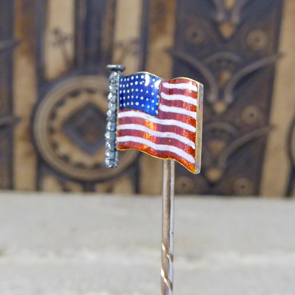 Women's or Men's Late Victorian Quality Enamel American Flag Pin with Diamonds High Carat Gold