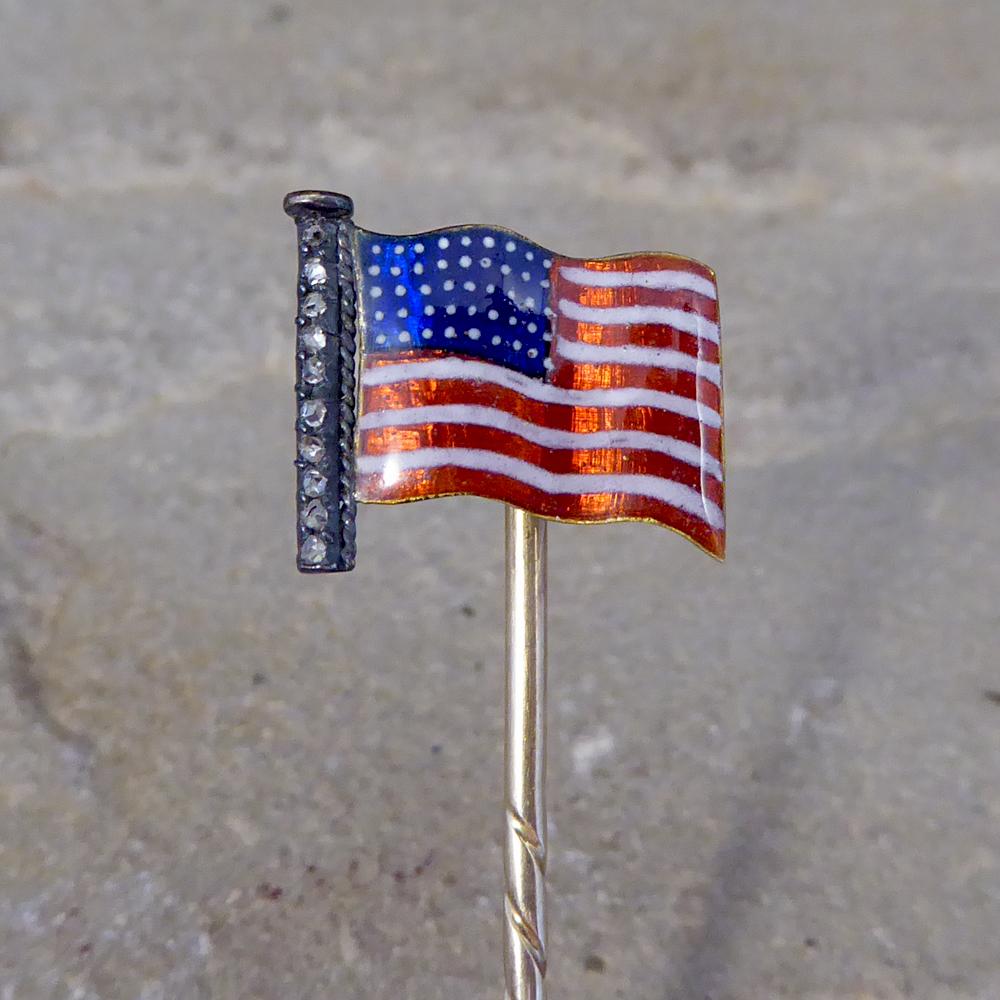 Late Victorian Quality Enamel American Flag Pin with Diamonds High Carat Gold 3