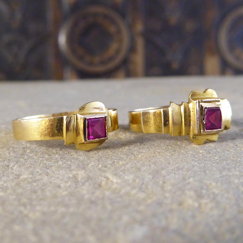 These two Late Victorian Rings would have originally been baby rings but now can also be worn as stylish midi rings. Both in unmarked 15ct gold and each containing a red glass stone, they will both brilliantly beautify the hands!

Ring Size: Both UK
