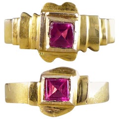 Antique Late Victorian Red Glass and Gold Midi Baby Rings