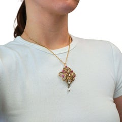 Late Victorian Renaissance Revival Enamel Ruby Diamond Pearl Pendant Necklace