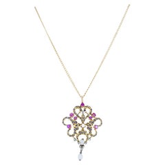 Late Victorian Renaissance Revival Enamel Ruby Diamond Pearl Pendant Necklace