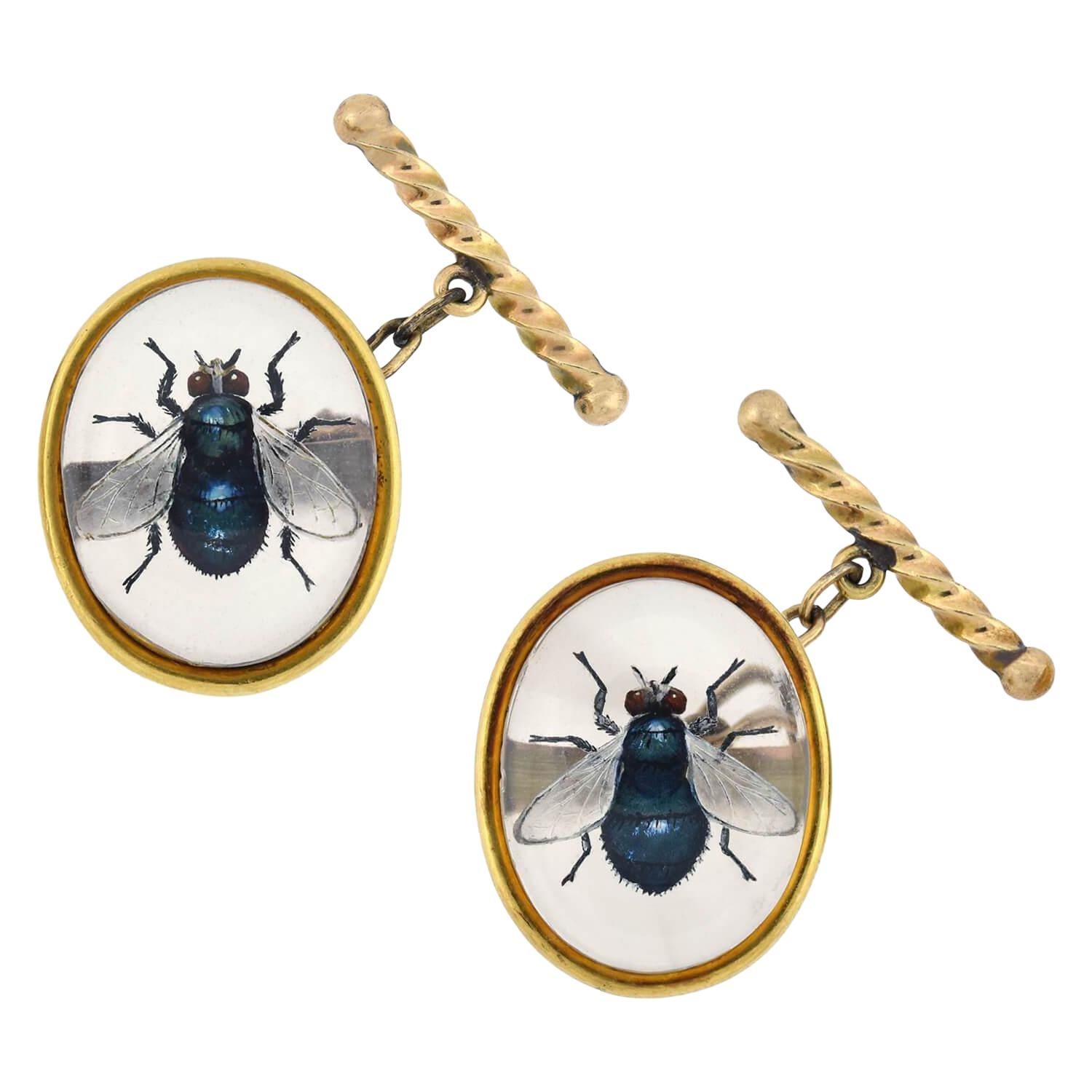 Late Victorian Reverse Carved Essex Crystal Fly Insect Cufflinks